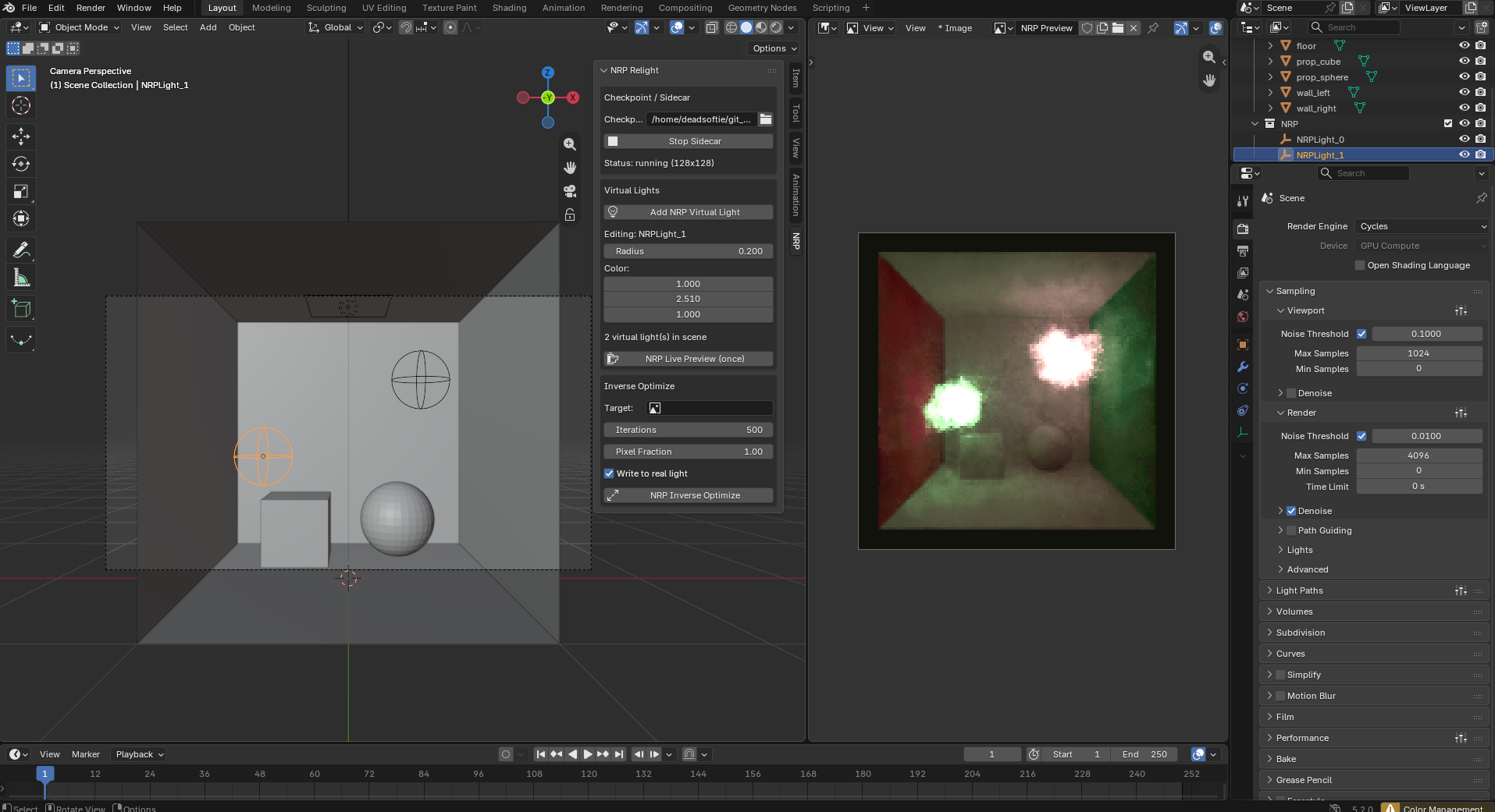 NRP live preview after the virtual light has been moved, native room scene