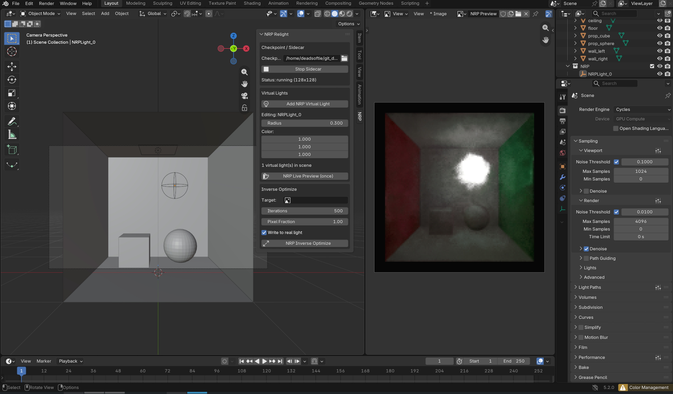 Live NRP relighting preview in the Blender viewport, native room scene
