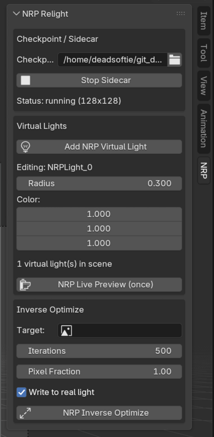NRP addon N-panel, checkpoint box and virtual lights box