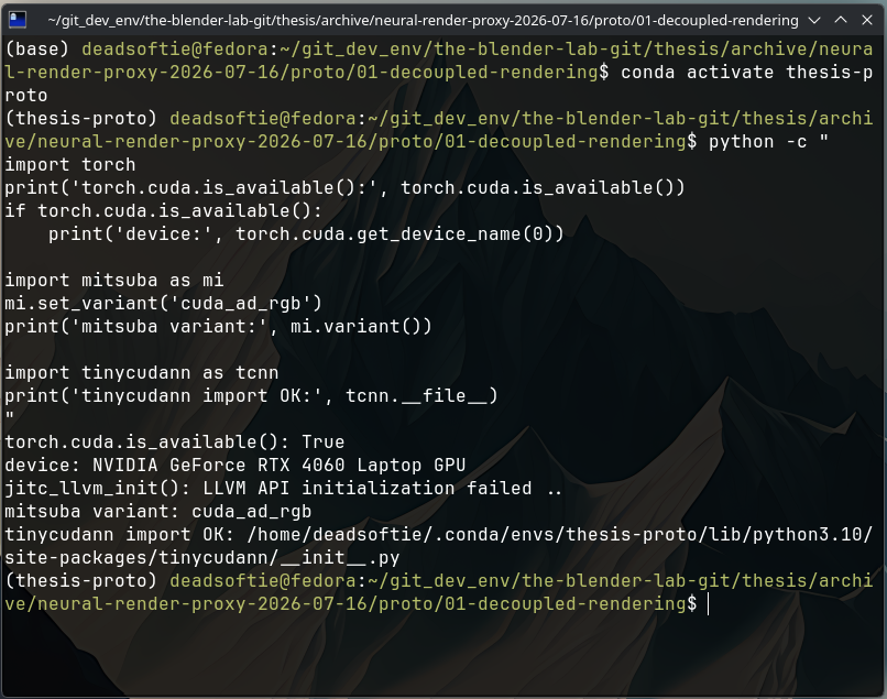 Terminal output of environment sanity checks: torch.cuda.is_available(), Mitsuba cuda_ad_rgb variant, tinycudann import