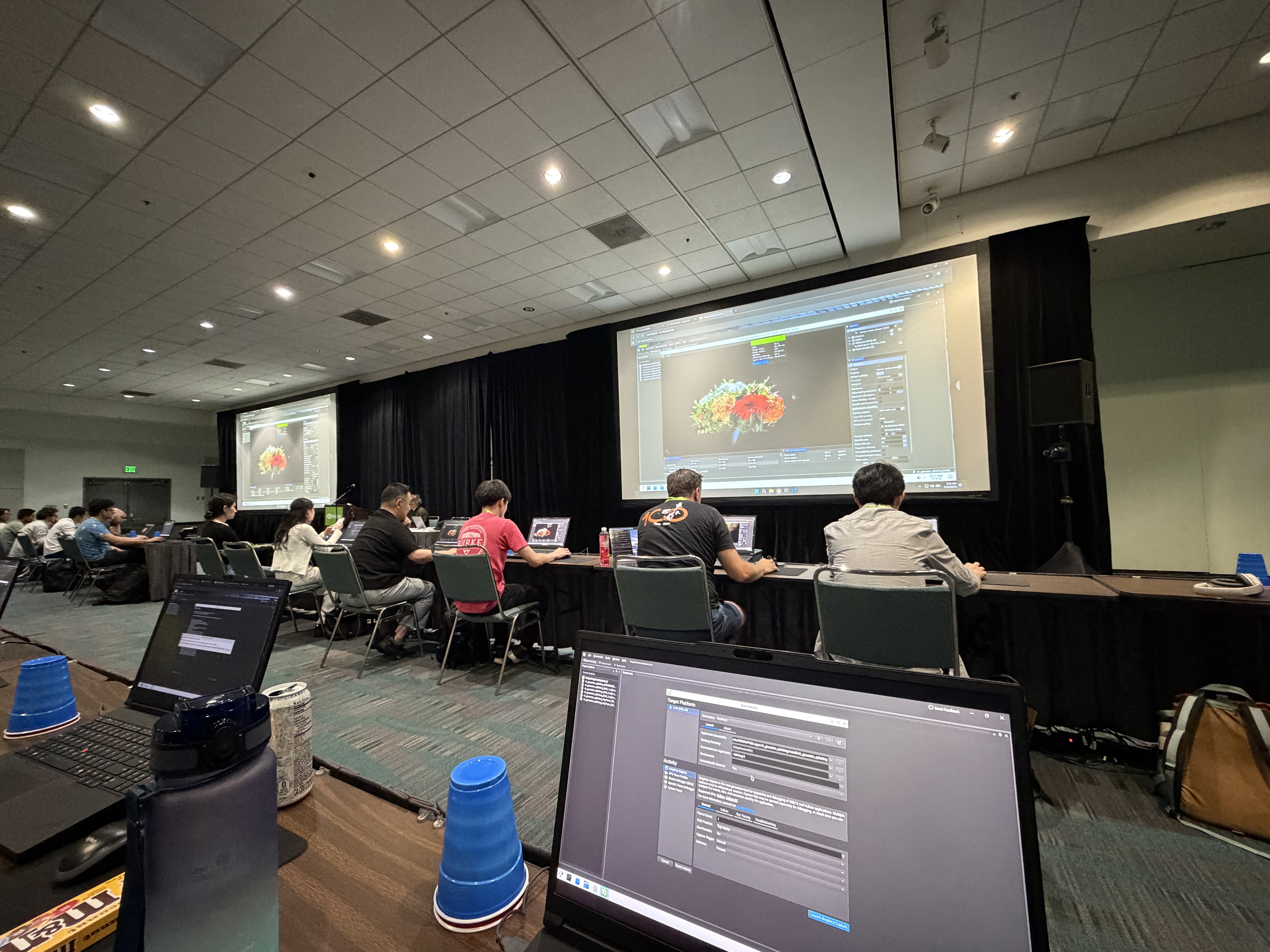 Hands-on Nsight Developer Tools lab session, laptops open on a GPU capture
